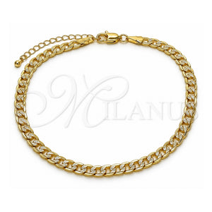 Tobillera Básica 04.63.1423.10 Oro Laminado, Diseño de Cubana Pave, Diamantado, Tono Dorado (Calibre 120, Grosor 05.1 MM, 10 Pulgadas de Largo)