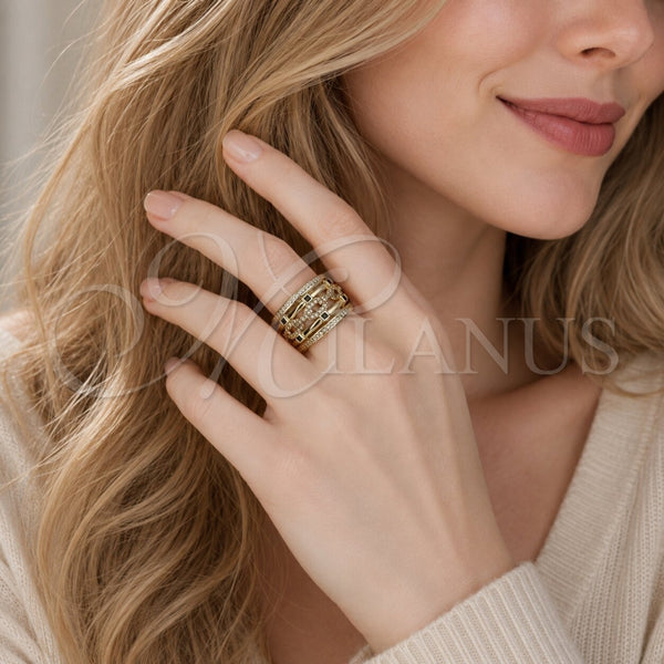 Anillo Multi Piedra 01.282.0010.08 Oro Laminado, Diseño de Paperclip, con Zirconia Cubica Verde y Micro Pave Blanca, Pulido, Tono Dorado (Tamaño 8)