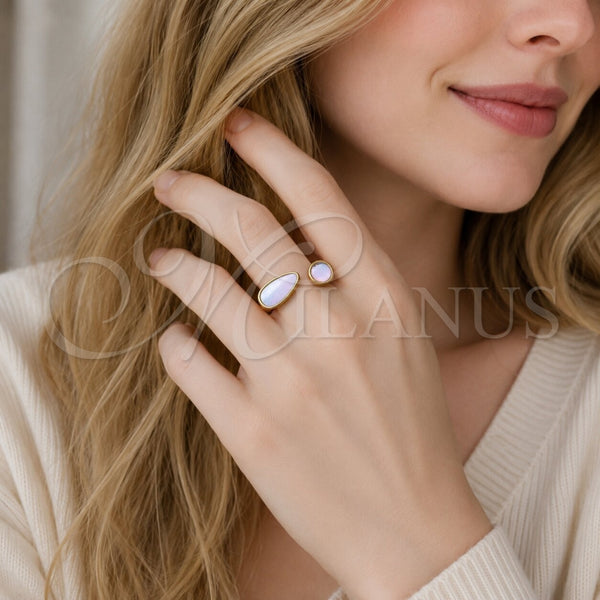 Anillo Multi Piedra 01.282.0011 Oro Laminado, Diseño de Caballo y Gota, con Madre Perla Marfil y Zirconia Cubica Blanca, Pulido, Tono Dorado (Talla Unica)
