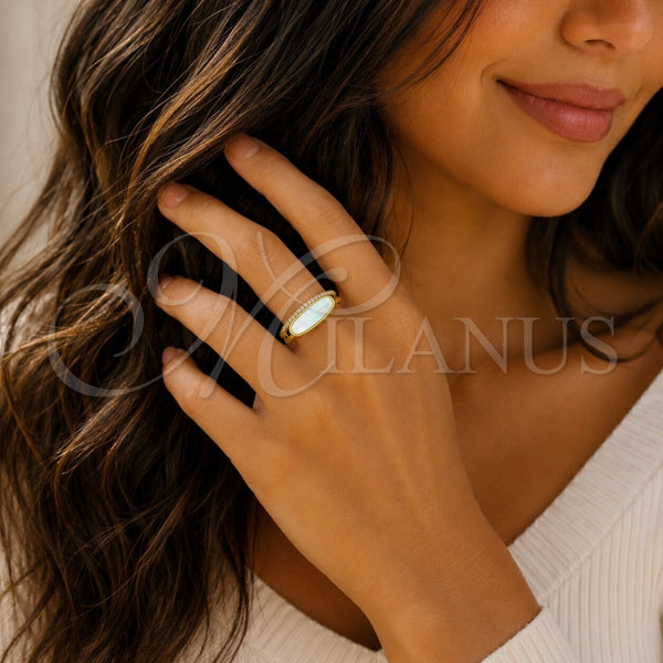 Anillo Multi Piedra 01.282.0013 Oro Laminado, con Madre Perla Marfil y Micro Pave Blanca, Pulido, Tono Dorado (Talla Unica)