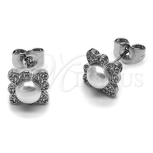 Arete Dormilona 02.452.0034 Rodio Laminado, Diseño de Flor y Cluster, con Perla Marfil y Micro Pave Blanca, Pulido, Rodinado