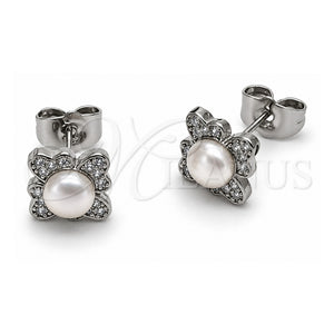 Arete Dormilona 02.452.0034 Oro Laminado Blanco, Diseño de Flor y Cluster, con Perla Marfil y Micro Pave Blanca, Pulido, Rodinado