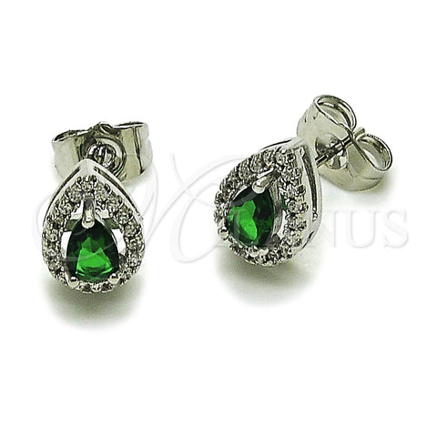 Arete Dormilona 02.452.0039 Rodio Laminado, Diseño de Gota y Cluster, con Zirconia Cubica Verde y Micro Pave Blanca, Pulido, Rodinado
