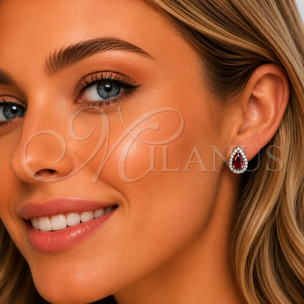 Arete Dormilona 02.452.0039.1 Rodio Laminado, Diseño de Cluster y Gota, con Zirconia Cubica Granate y Micro Pave Blanca, Pulido, Rodinado