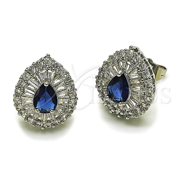Arete Dormilona 02.452.0040 Rodio Laminado, Diseño de Gota y Cluster, con Zirconia Cubica Zafiro Azul y Blanca, Pulido, Rodinado