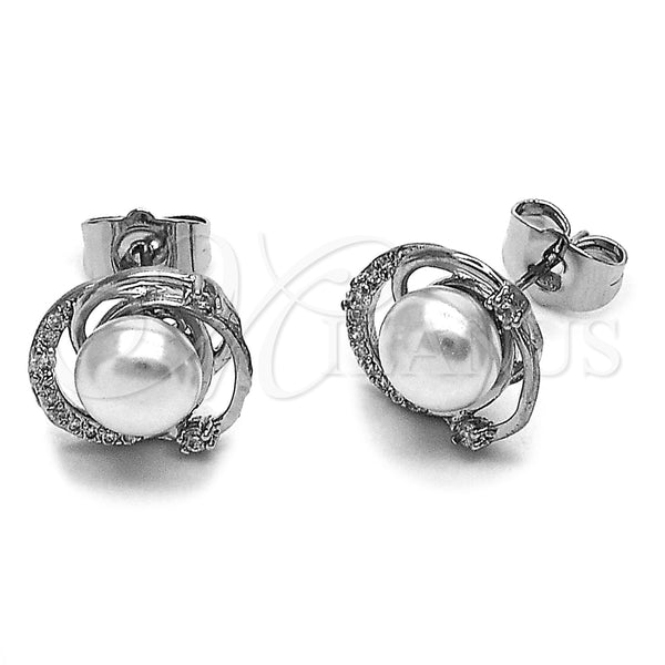 Arete Dormilona 02.452.0046 Rodio Laminado, Diseño de Nudo, con Perla Marfil y Zirconia Cubica Blanca, Pulido, Rodinado