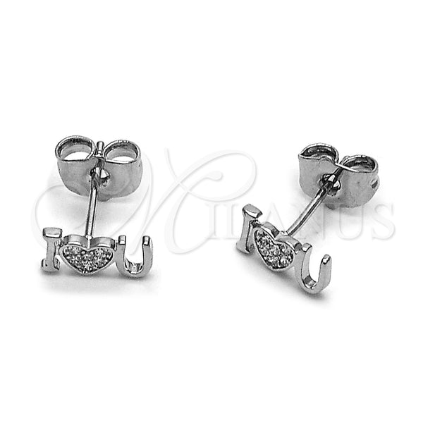 Arete Dormilona 02.344.0190 Rodio Laminado, Diseño de Amor y Corazón, con Micro Pave Blanca, Pulido, Rodinado
