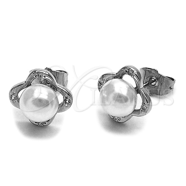 Arete Dormilona 02.344.0193 Rodio Laminado, Diseño de Trébol de Cuatro Hojas, con Perla Marfil y Zirconia Cubica Blanca, Pulido, Rodinado