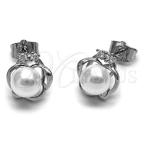 Arete Dormilona 02.344.0140.1 Rodio Laminado, Diseño de Flor y Corona, con Zirconia Cubica Blanca y Perla Marfil, Pulido, Rodinado