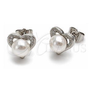 Arete Dormilona 02.344.0001.1 Oro Laminado Blanco, Diseño de Corazón, con Micro Pave Blanca y Perla Marfil, Pulido, Rodinado