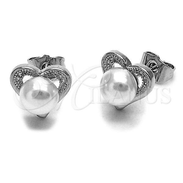 Arete Dormilona 02.344.0001.1 Rodio Laminado, Diseño de Corazón, con Micro Pave Blanca y Perla Marfil, Pulido, Rodinado
