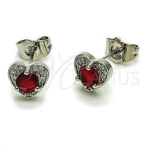 Arete Dormilona 02.344.0196 Rodio Laminado, Diseño de Corazón, con Zirconia Cubica Granate y Micro Pave Blanca, Pulido, Rodinado