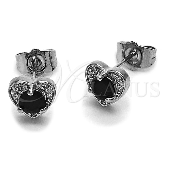Arete Dormilona 02.344.0196.1 Rodio Laminado, Diseño de Corazón, con Zirconia Cubica Negro y Micro Pave Blanca, Pulido, Rodinado