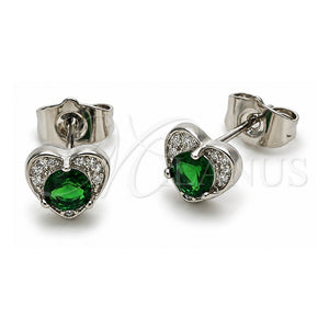 Arete Dormilona 02.344.0196.2 Oro Laminado Blanco, Diseño de Corazón, con Zirconia Cubica Verde y Micro Pave Blanca, Pulido, Rodinado