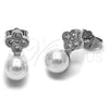 Arete Dormilona 02.344.0198 Rodio Laminado, Diseño de Trébol de Cuatro Hojas y Bola, con Zirconia Cubica Blanca y Perla Marfil, Pulido, Rodinado