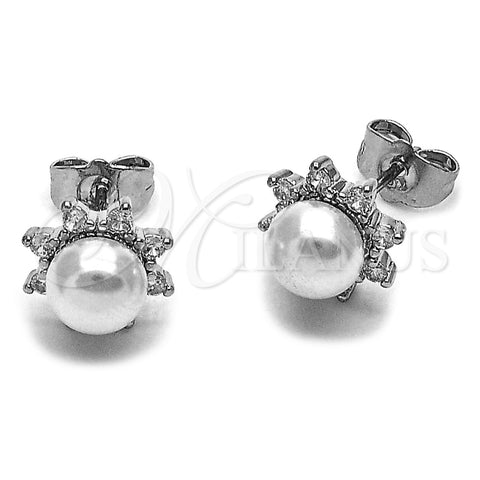 Arete Dormilona 02.344.0200 Rodio Laminado, Diseño de Flor, con Perla Marfil y Zirconia Cubica Blanca, Pulido, Rodinado