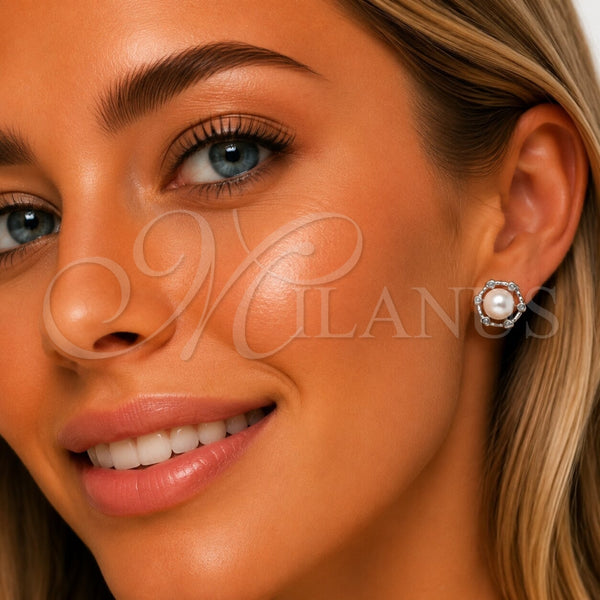 Arete Dormilona 02.344.0201 Rodio Laminado, Diseño de Cluster, con Perla Marfil y Zirconia Cubica Blanca, Pulido, Rodinado