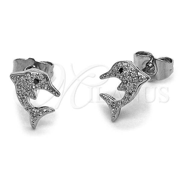 Arete Dormilona 02.344.0203 Rodio Laminado, Diseño de Delfín, con Micro Pave Blanca y Negro, Pulido, Rodinado