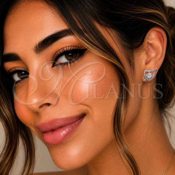 Arete Dormilona 02.344.0208 Rodio Laminado, Diseño de Corazón y Flecha, con Zirconia Cubica Blanca y Micro Pave Blanca, Pulido, Rodinado