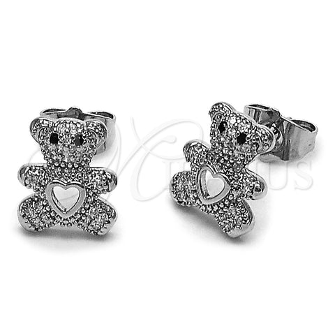 Arete Dormilona 02.342.0197.1 Rodio Laminado, Diseño de Osito y Corazón, con Micro Pave Blanca y Negro, Pulido, Rodinado