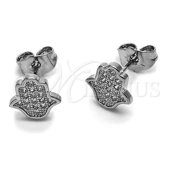 Arete Dormilona 02.344.0213 Rodio Laminado, Diseño de Judaica y Mano de Dios, con Micro Pave Blanca, Pulido, Rodinado