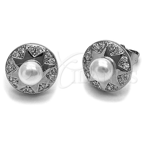 Arete Dormilona 02.344.0219 Rodio Laminado, Diseño de Estrella, con Perla Marfil y Micro Pave Blanca, Pulido, Rodinado