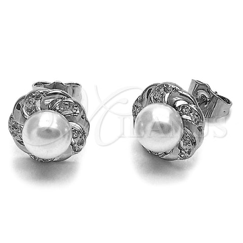 Arete Dormilona 02.344.0220 Rodio Laminado, Diseño de Flor, con Perla Marfil y Micro Pave Blanca, Pulido, Rodinado