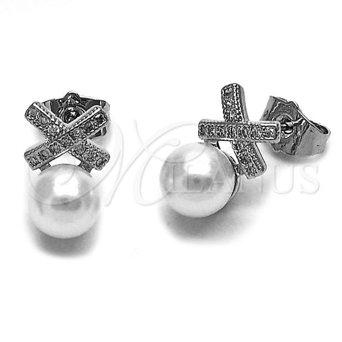 Arete Dormilona 02.344.0221 Rodio Laminado, con Perla Marfil y Micro Pave Blanca, Pulido, Rodinado