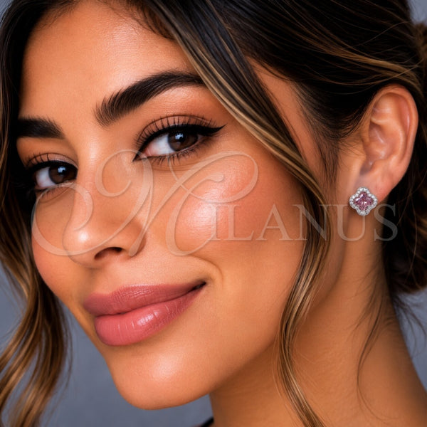 Arete Dormilona 02.283.0151.2 Rodio Laminado, Diseño de Trébol de Cuatro Hojas, con Zirconia Cubica Rosado y Micro Pave Blanca, Pulido, Rodinado