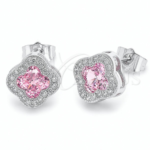Arete Dormilona 02.283.0151.2 Rodio Laminado, Diseño de Trébol de Cuatro Hojas, con Zirconia Cubica Rosado y Micro Pave Blanca, Pulido, Rodinado