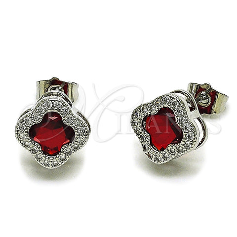 Arete Dormilona 02.283.0151.3 Rodio Laminado, Diseño de Trébol de Cuatro Hojas, con Zirconia Cubica Granate y Micro Pave Blanca, Pulido, Rodinado