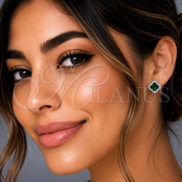 Arete Dormilona 02.283.0151.5 Rodio Laminado, Diseño de Trébol de Cuatro Hojas, con Zirconia Cubica Verde y Micro Pave Blanca, Pulido, Rodinado