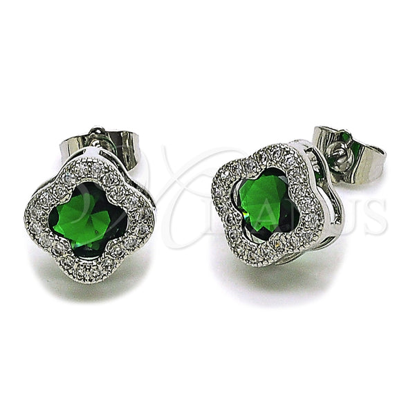 Arete Dormilona 02.283.0151.5 Rodio Laminado, Diseño de Trébol de Cuatro Hojas, con Zirconia Cubica Verde y Micro Pave Blanca, Pulido, Rodinado