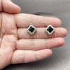 Arete Dormilona 02.283.0151.6 Rodio Laminado, Diseño de Trébol de Cuatro Hojas, con Zirconia Cubica Negro y Micro Pave Blanca, Pulido, Rodinado