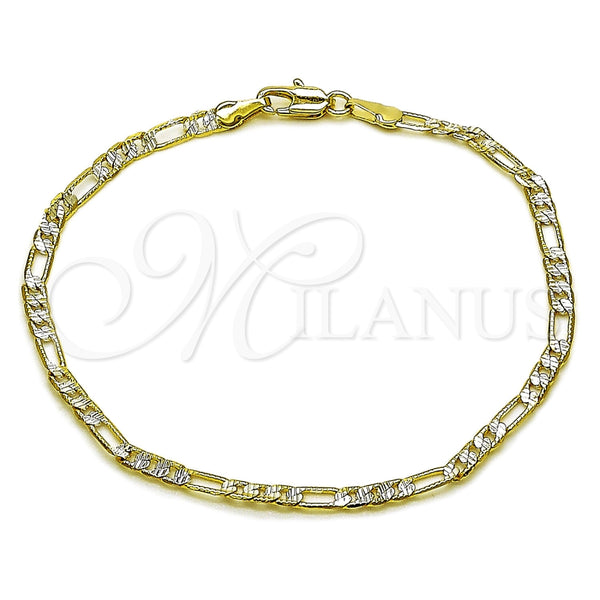 Pulsera Básica 04.297.0002.08 Oro Laminado, Diseño de Figaro, Diamantado, Dos Tonos (Grosor 03 MM, 8 Pulgadas de Largo)