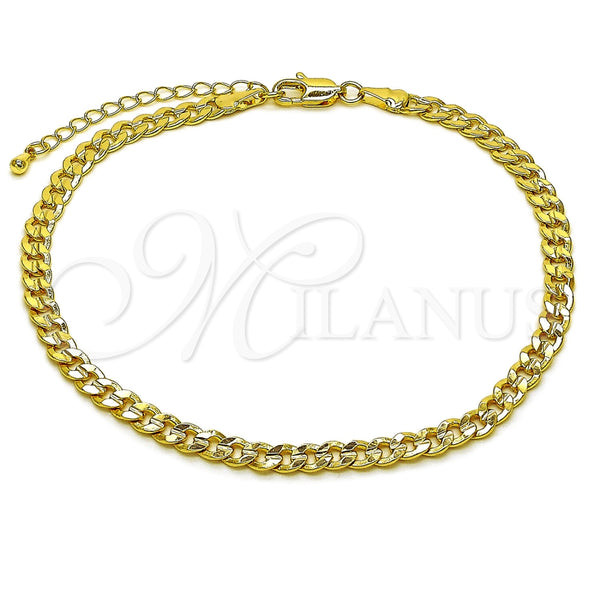 Tobillera Básica 04.213.0356.10 Oro Laminado, Diseño de Cubana Concava, Pulido, Tono Dorado (Calibre 120, Grosor 04.7 MM, 10 Pulgadas de Largo)