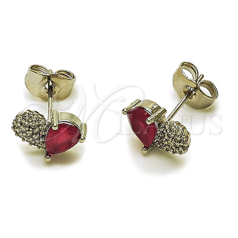 Arete Dormilona 02.260.0036 Rodio Laminado, Diseño de Corazón y Gota, con Zirconia Cubica Rubi y Micro Pave Blanca, Pulido, Rodinado