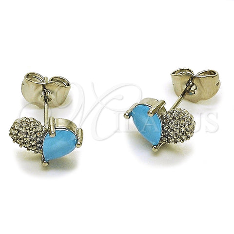 Arete Dormilona 02.260.0036.1 Rodio Laminado, Diseño de Corazón y Gota, con Zirconia Cubica Light Turquoise y Micro Pave Blanca, Pulido, Rodinado