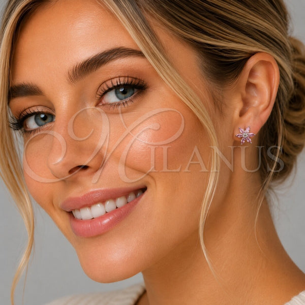 Arete Dormilona 02.260.0038 Rodio Laminado, Diseño de Flor, con Zirconia Cubica Rosado y Blanca, Pulido, Rodinado