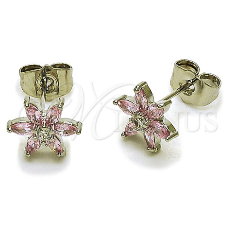 Arete Dormilona 02.260.0038 Rodio Laminado, Diseño de Flor, con Zirconia Cubica Rosado y Blanca, Pulido, Rodinado