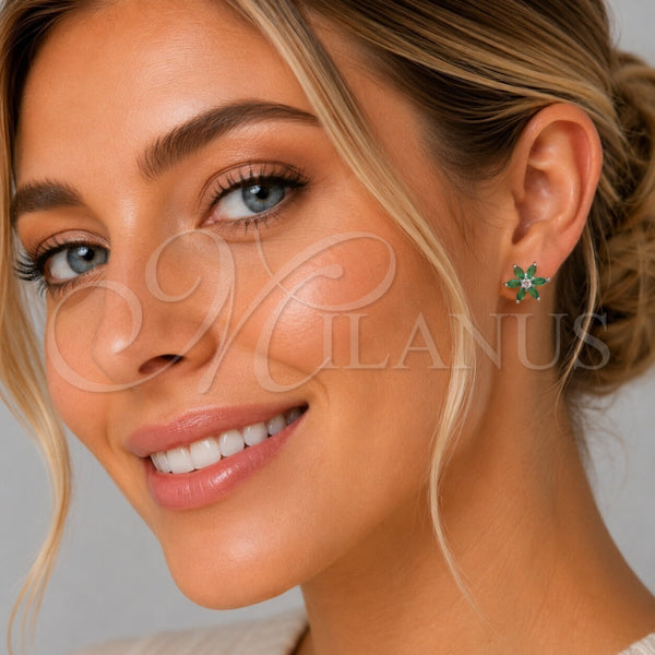 Arete Dormilona 02.260.0038.1 Rodio Laminado, Diseño de Flor, con Zirconia Cubica Verde y Blanca, Pulido, Rodinado
