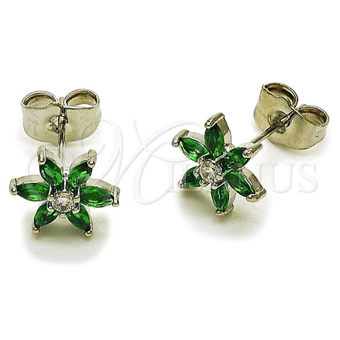 Arete Dormilona 02.260.0038.1 Rodio Laminado, Diseño de Flor, con Zirconia Cubica Verde y Blanca, Pulido, Rodinado