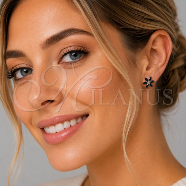 Arete Dormilona 02.260.0038.2 Rodio Laminado, Diseño de Flor, con Zirconia Cubica Negro y Blanca, Pulido, Rodinado