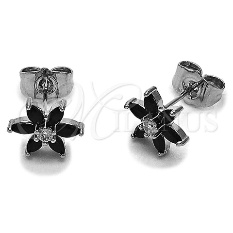 Arete Dormilona 02.260.0038.2 Rodio Laminado, Diseño de Flor, con Zirconia Cubica Negro y Blanca, Pulido, Rodinado