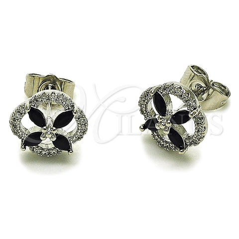 Arete Dormilona 02.260.0039 Rodio Laminado, Diseño de Trébol de Cuatro Hojas, con Zirconia Cubica Negro, Pulido, Rodinado