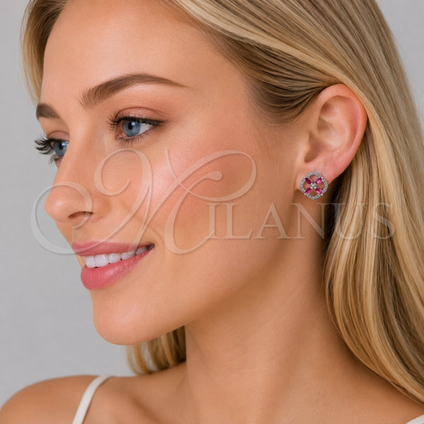 Arete Dormilona 02.260.0039.1 Rodio Laminado, Diseño de Trébol de Cuatro Hojas, con Zirconia Cubica Rubi y Blanca, Pulido, Rodinado
