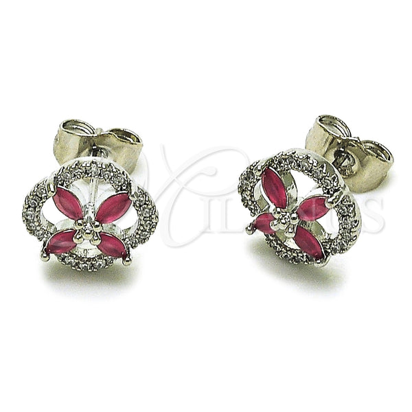 Arete Dormilona 02.260.0039.1 Rodio Laminado, Diseño de Trébol de Cuatro Hojas, con Zirconia Cubica Rubi y Blanca, Pulido, Rodinado
