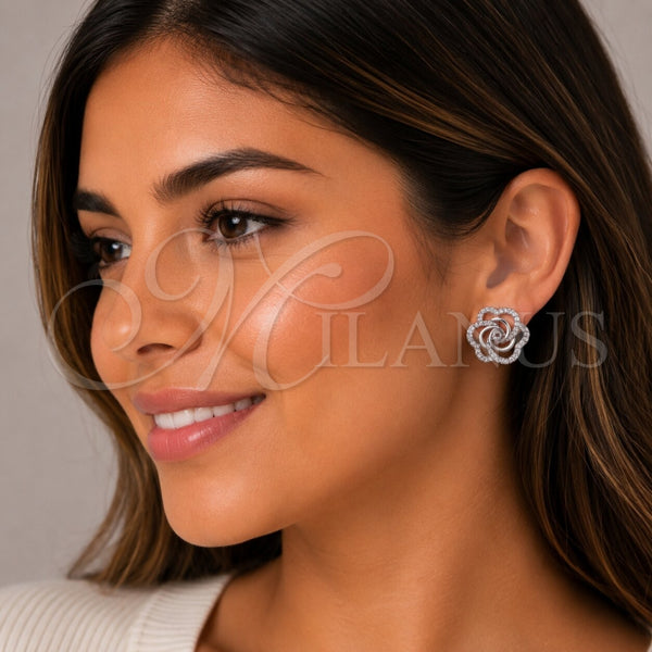 Arete Dormilona 02.260.0045 Rodio Laminado, Diseño de Flor, con Zirconia Cubica Blanca, Pulido, Rodinado