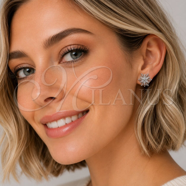 Arete Dormilona 02.260.0049 Rodio Laminado, Diseño de Flor, con Zirconia Cubica Blanca, Pulido, Rodinado