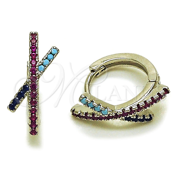 Argolla Huggie 02.260.0056.14 Rodio Laminado, con Micro Pave Rubi y Turquoise, Pulido, Rodinado